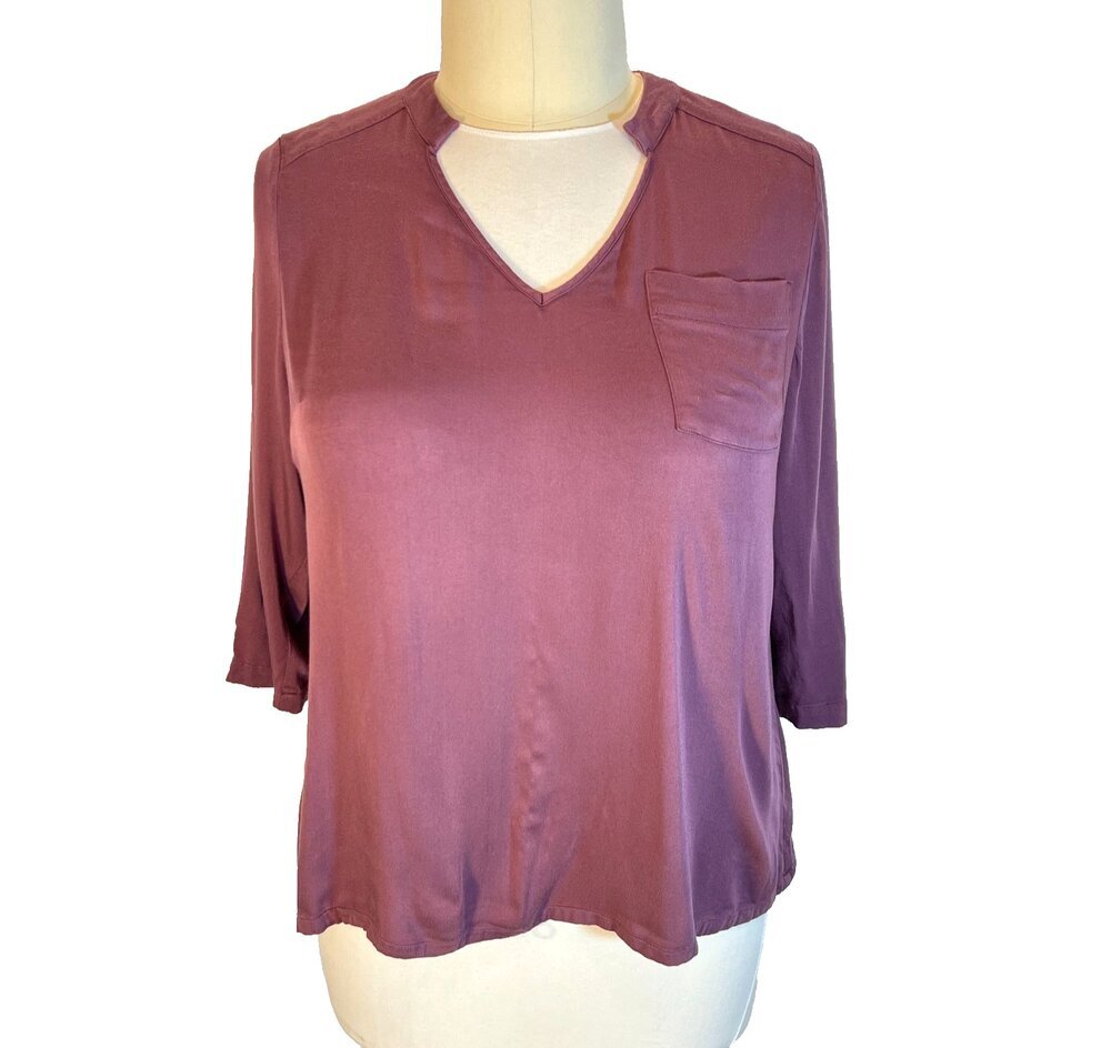 Lisa Rinna Tunic Blouse Womens Size L V-Neck Hi-Lo Hem 3/4 Sleeve 1 Pocket